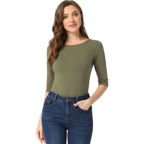 Elbow Sleeves Round Neck Slim Fit Tee Olive Green - Picture 1 of 5